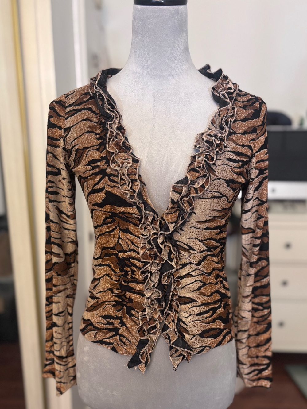 Vintage Euro Ruffled Animal Print Long-Sleeve Top